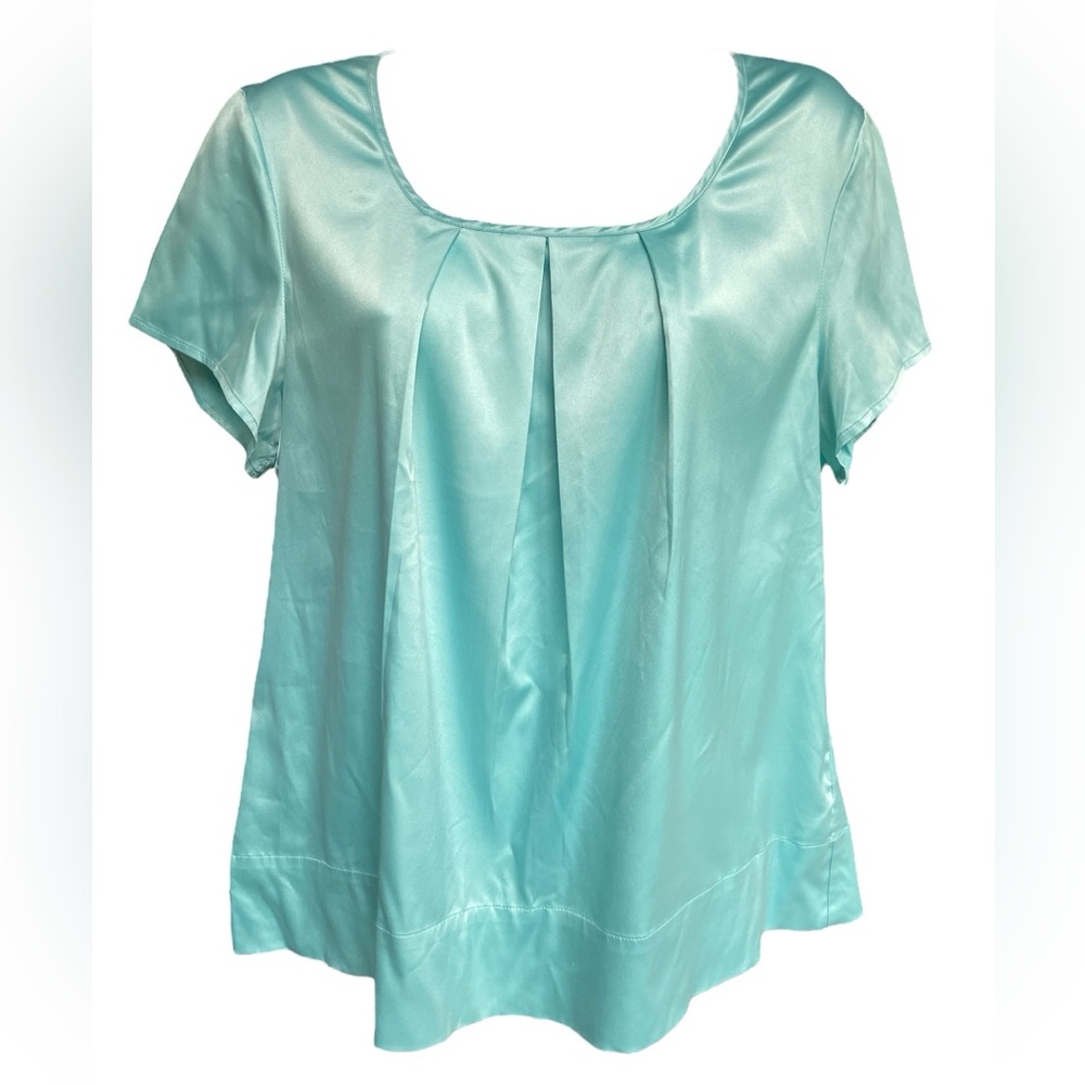 True Vintage 80s Kasper Aqua Satin Blouse L 16
